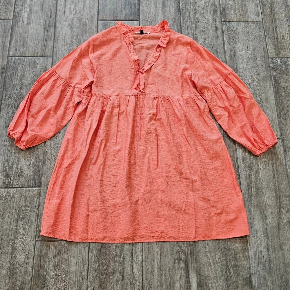 Michelle McDowell Tunic Dress Size L Coral Ruffle Neck Balloon Sleeve Girly Boho